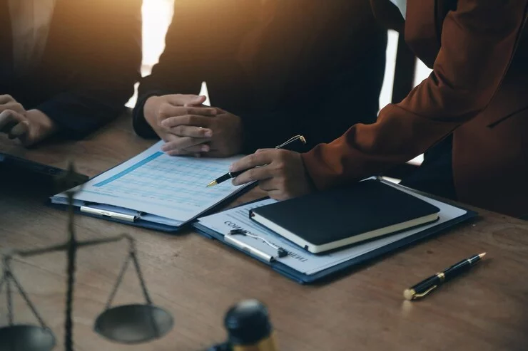 lawyer legal advisor businessman brainstorming information agreement details business contracts legal processing books accuracy contract documents joint financial investment 265022 94792